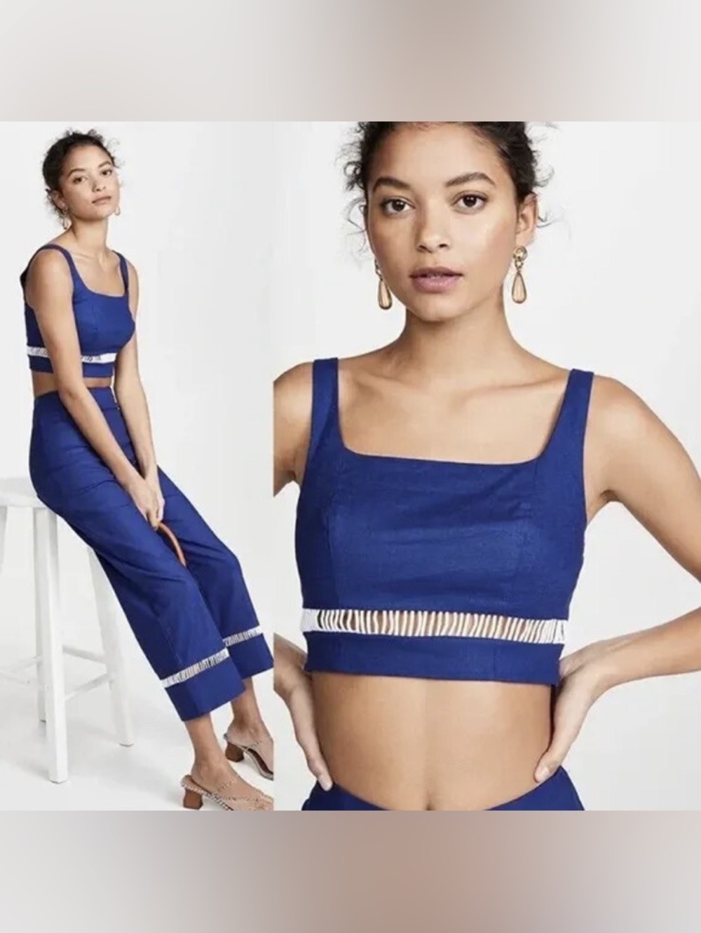 STAUD Midnight Blue Linen Cotton Cutout Ladder Trim Crop Top Size 12 Designer L